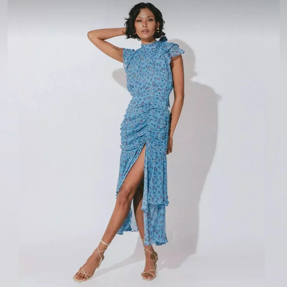 Cleobella Cecilia Blue Floral Chiffon Tiered Slit Midi Dress Lapis Block‎ Print - Picture 2 of 16